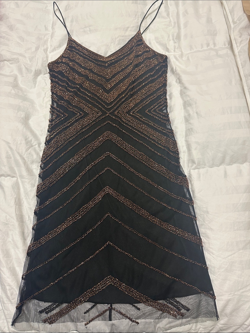 Badgley Mischka Black Midi Slip Dress with Copper Beaded Chevron